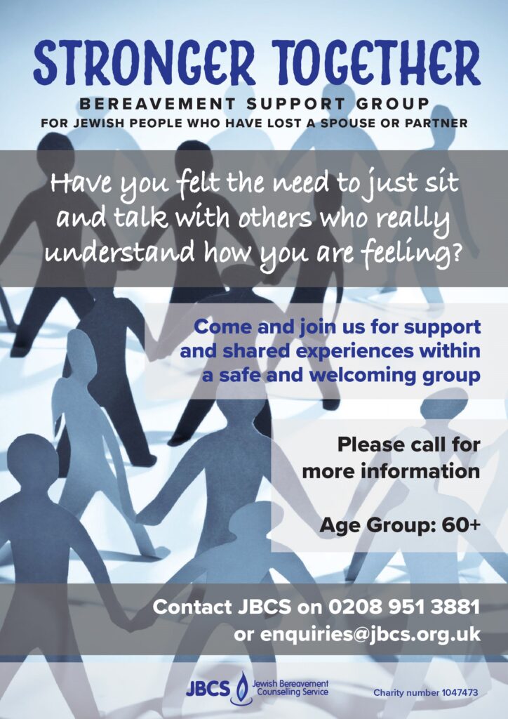 Stronger Together flyer from Jewish Bereavement Counselling for people (60+) who have lost a partner.